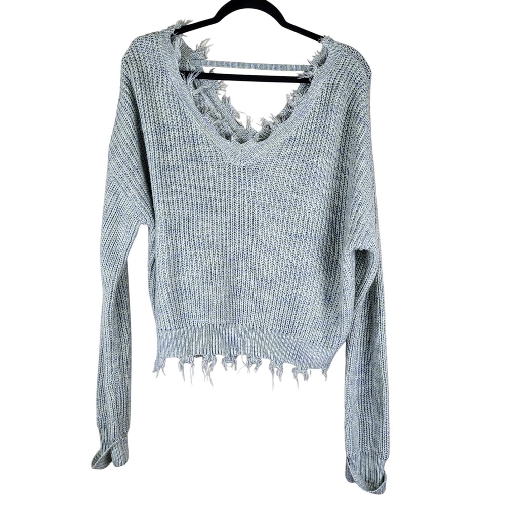 Cloudchaser Distressed Sweater Women's XL Blue Green V Neck Oversized Boho